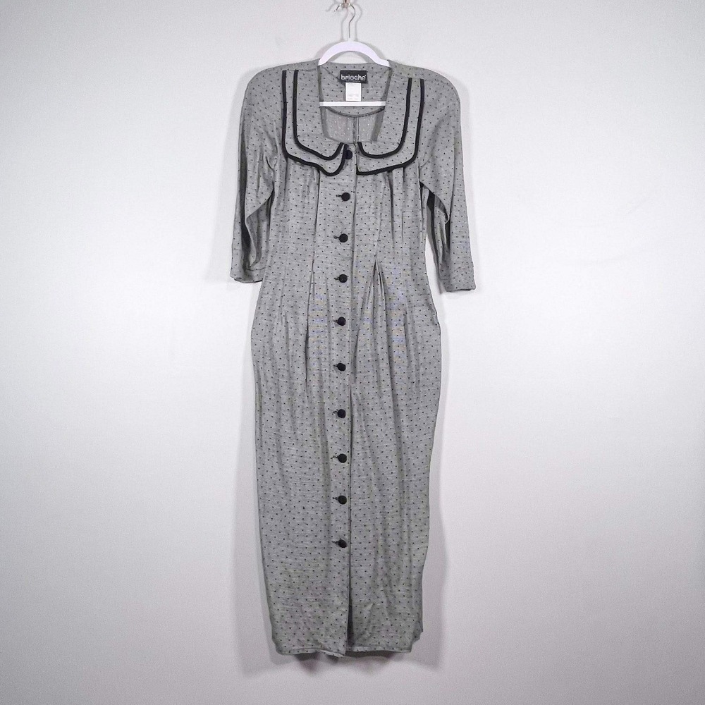 VTG Brioche Collar Button Down Sheath Dress‎ Black/White Swiss Dot Secretary 80s